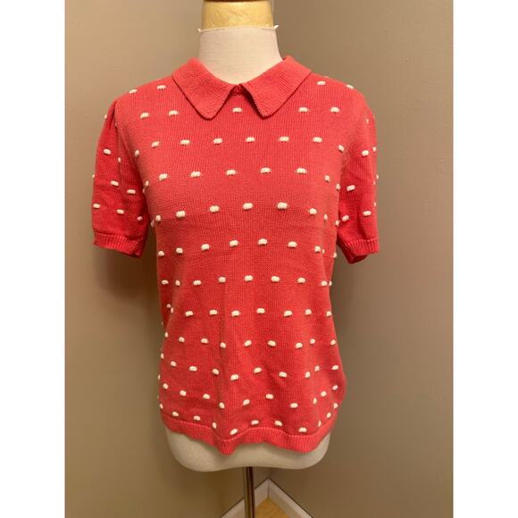 CeCe Pleat Sleeve Collared Pom Pom Sweater Pink/White Sz Medium - Picture 3 of 8